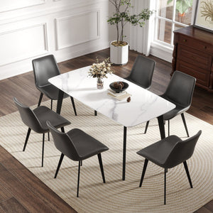 English Elm 62.99" Modern Artificial Stone Dining Table With Curved White Top & Black Metal Legs For 6 People W1535S00515