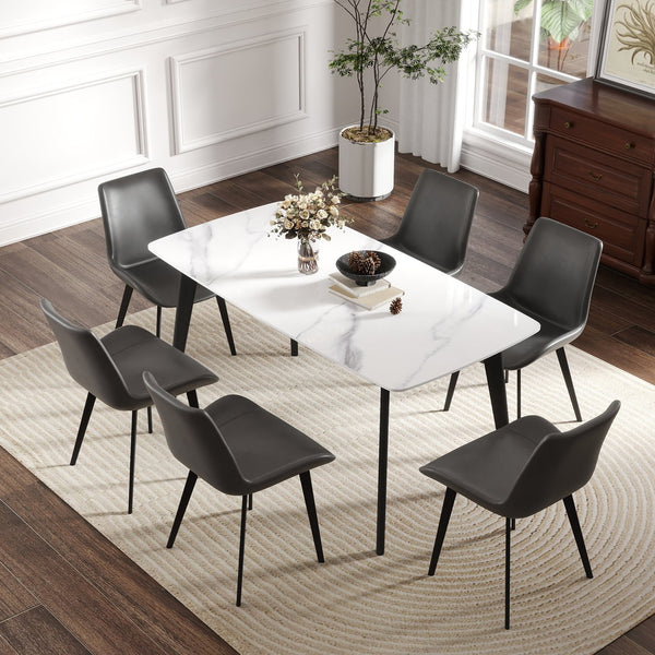 English Elm 62.99" Modern Artificial Stone Dining Table With Curved White Top & Black Metal Legs For 6 People W1535S00515
