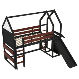 English Elm Full Size Pine Loft Bed House Frame with Slide Bookshelves and Moon Star Rails W1580S00311