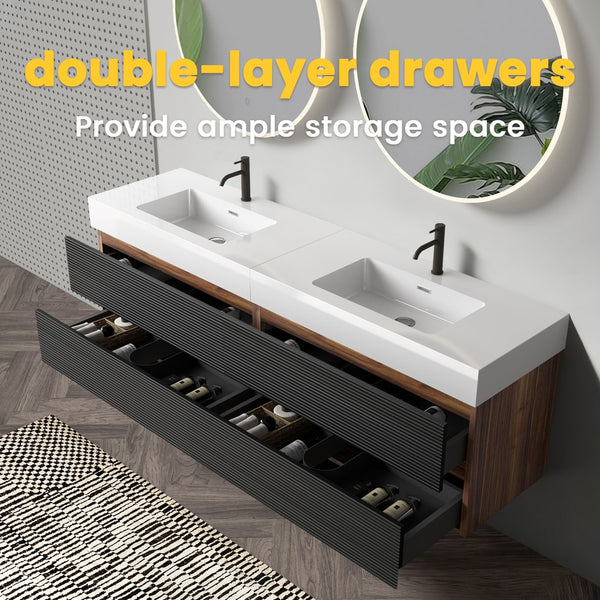English Elm Galan 72 Inch Double Sink Vanity Fluted Wood Quartz Top Freestanding Bathroom Cabinet W1865S00172