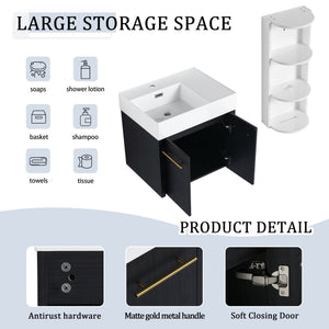 English Elm 24 Inch Wall-Mounted Bathroom Vanity Set With Thick Resin Sink, Storage Rack & Soft-Close Doors W999S00366