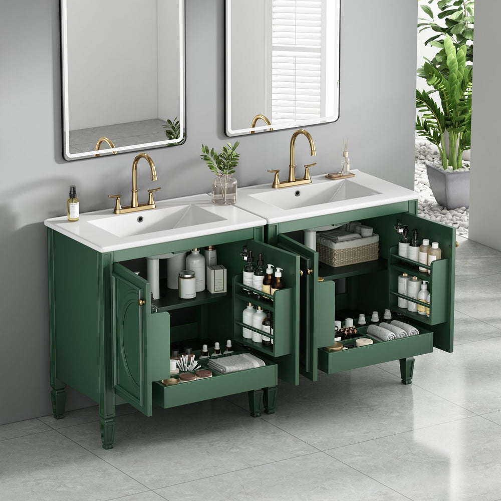 English Elm [video] 60 Inch Freestanding Double Sink Bathroom Vanity with Ceramic Basins Soft Close Storage Green N759S226000F