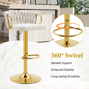 English Elm Set of 2 Velvet Swivel Barstools with Braided Rope Back and Adjustable Pedestal Base Beige,Gold W3875P383938