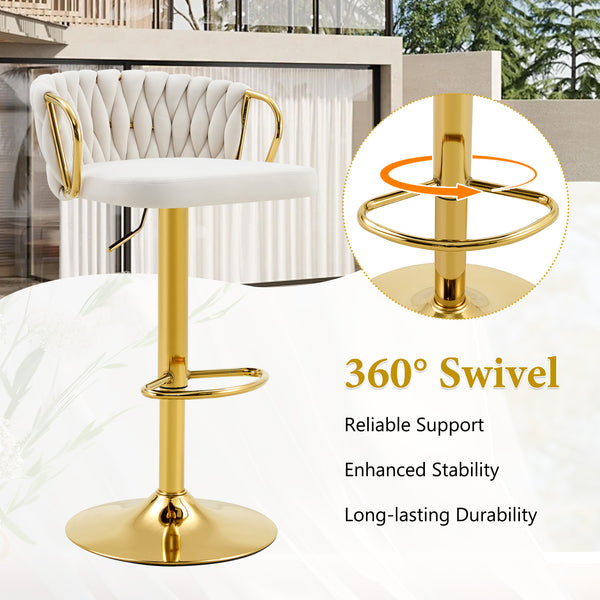 English Elm Set of 2 Velvet Swivel Barstools with Braided Rope Back and Adjustable Pedestal Base Beige,Gold W3875P383938