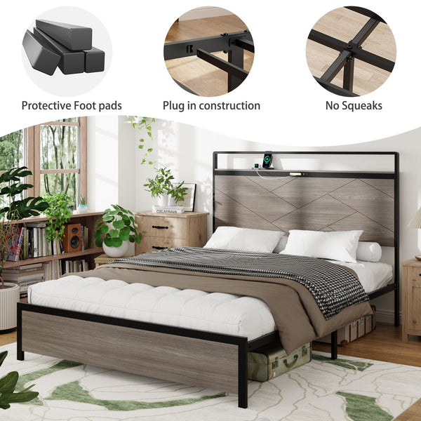 English Elm Bed Frame Queen Size - Antique Grey Platform Bed With Led Headboard, Usb Ports & Ample Storage Space W636P294959