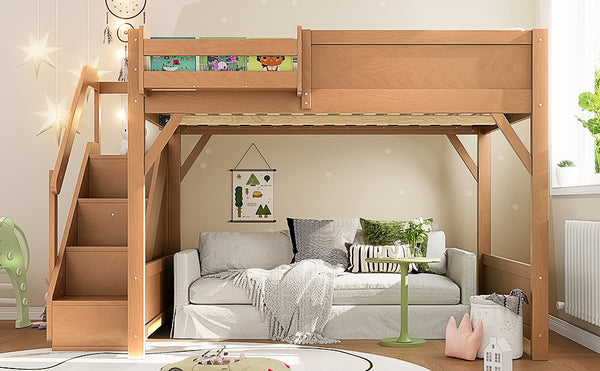English Elm Twin Low Loft Bed Solid Pine Frame Kids Study Desk Blackboard Storage White Antique Natural W1580S00554