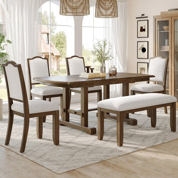 English Elm 6-piece Extendable Wood Dining Set with Linen Upholstered Chairs Bench Seats Eight Beige+Brown N752S000097D