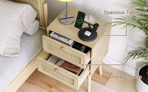 English Elm 15"W Rattan 2-Drawer Nightstand with USB/AC Ports, Natural Boho Wood Bedside Table, Compact Storage T3771P351733