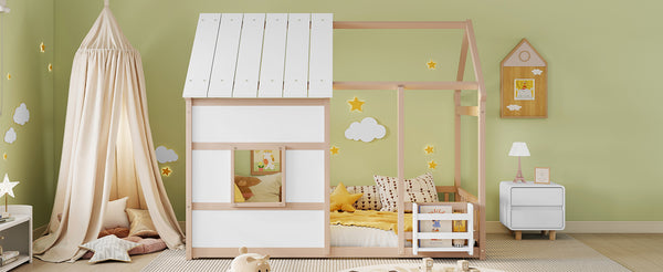 English Elm Twin House Frame Floor Bed Pinewood Build with Led Roofline Kids Bedroom Cream,White W697P435884