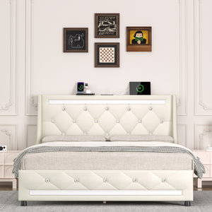 English Elm Queen Smart Bed Frame with Headboard, RGB LED Ambience, Built‑in Charging Ports, Sturdy Slats and Silent Design White T3825P387483