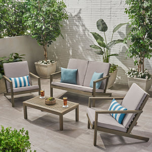 English Elm Christopher Knight Home® - LEAH 4PC Chat Set Beige Acacia Wood Outdoor Patio Sofa Chairs Loveseat Coffee Table, Water-Resistant Cushions 65909.00GRY
