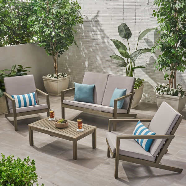 English Elm Christopher Knight Home® - LEAH 4PC Chat Set Beige Acacia Wood Outdoor Patio Sofa Chairs Loveseat Coffee Table, Water-Resistant Cushions 65909.00GRY