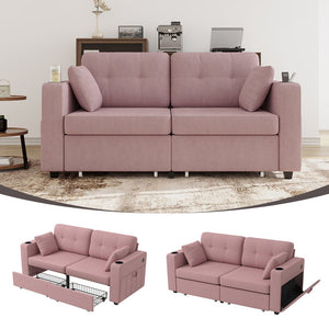 English Elm Sofas for Living Room Chenille Three Seat Couch with Usb Charging Storage and Cup Holder Pink W395S00147