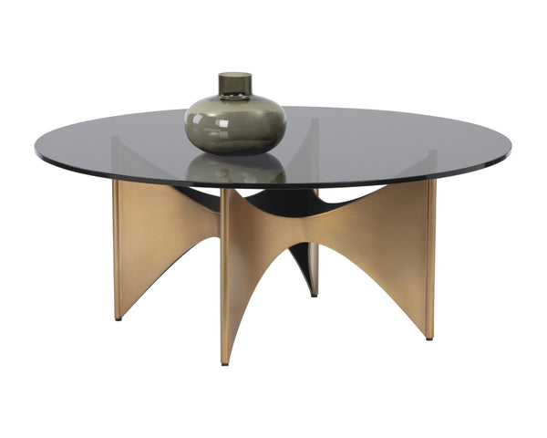 Sunpan LONDON Ikon Coffee Table - Smoked Grey Glass & Antique Gold Base for Modern Glamour & Durability 106164