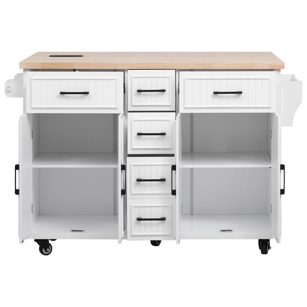 English Elm K&K 56.5" Kitchen Island with Drop Leaf, Embossed Vertical Stripe Barn Doors, Wheels & Charging Hub White N707P263094W