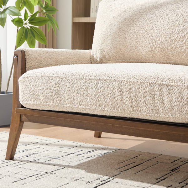 English Elm Mid-century Modern Boucle Upholstered Three Seat Sofa with Walnut Finish Wood Legs Beige N773P411407S