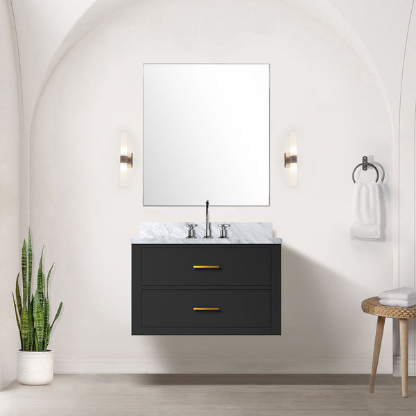 English Elm Black Single Bath Vanity With Carrara Marble Countertop & Mirror - Modern Space-Saving Elegance B2731S01428