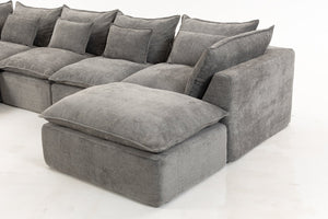 English Elm 129.8" Wide Modular Cloud Sectional Cotton Linen Sofa with Deep Foam Seats and Ottomans Antique Grey W2530S00015