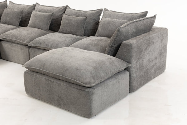 English Elm 129.8" Wide Modular Cloud Sectional Cotton Linen Sofa with Deep Foam Seats and Ottomans Antique Grey W2530S00015