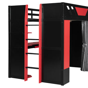 English Elm Full Size Loft Bed with Desk Blackout Curtains Rgb Lighting and Integrated Storage Black+Red LT000377AAJ