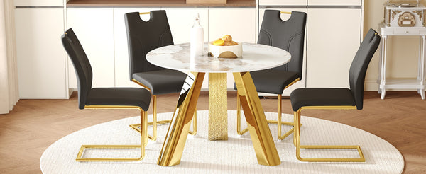English Elm Table 5-Piece Dining Set: 42-Inch White Imitation Marble Round Top With 4 Chic Black Chairs & Gold Legs W2920S00051-GIGA