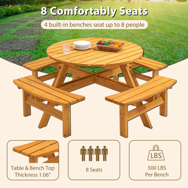 English Elm 8 Person Round Fir Wood Picnic Table with Four Built-in Benches for Outdoor Dining W1422P354744
