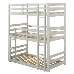 English Elm Light Triple Bunk Bed Twin Over Twin Solid & Composite Wood Loft with Slats, Guardrails, Ladders, Versatile Use B062S00460
