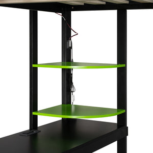 English Elm Full Size Gaming Loft Bed with Rgb Lighting Integrated Desk and Open Wardrobe Green N820S00073F