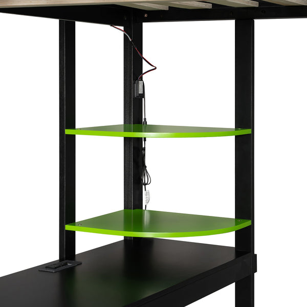 English Elm Full Size Gaming Loft Bed with Rgb Lighting Integrated Desk and Open Wardrobe Green N820S00073F