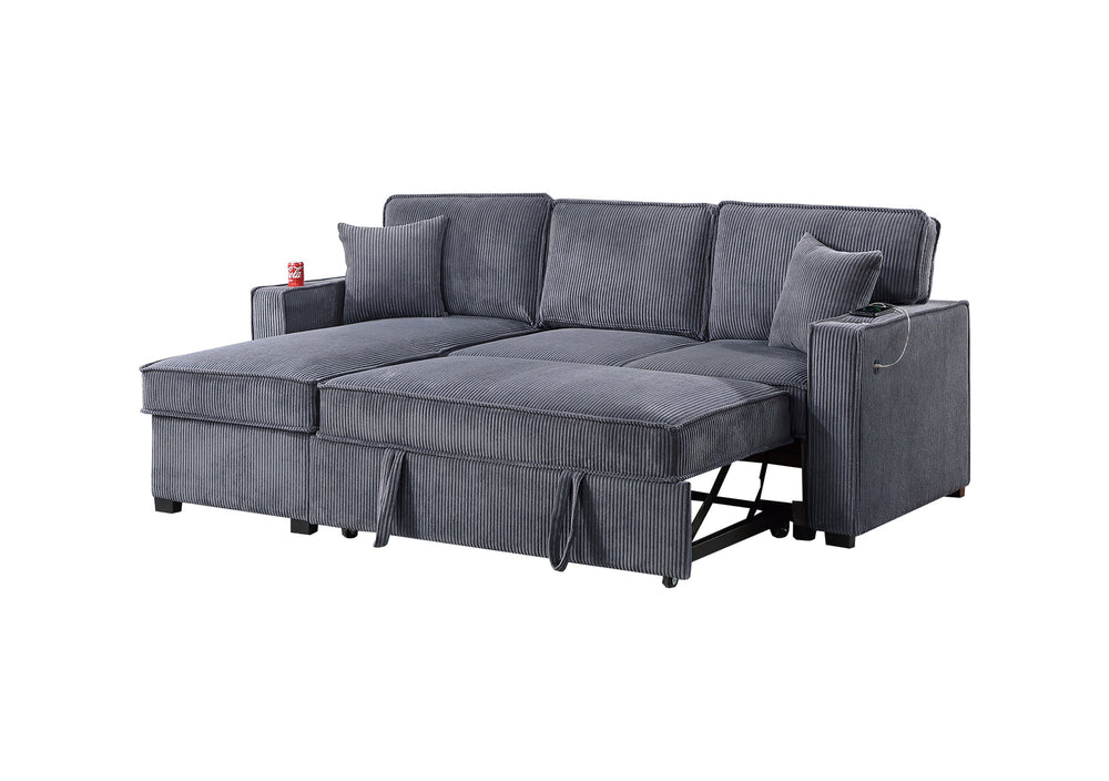 English Elm Convertible Corduroy Sectional Sofa with Reversible Chaise, Hidden Storage, USB Port & Pull-Out Bed Dark Gray 60 L x 30 W x 19 H B011S01243