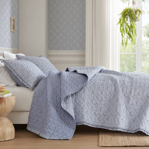 English Elm 3-piece Queen Ruffle Trim Quilt Set Vermicelli Stitched Romantic Coastal Bedding B035P408232