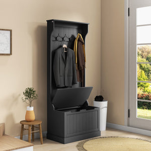 English Elm HOMCOM 3-in-1 Entryway Hall Tree Bench with 4 Double Hooks, Shoe Storage, Anti-Tip, Compact Black W2225P217205
