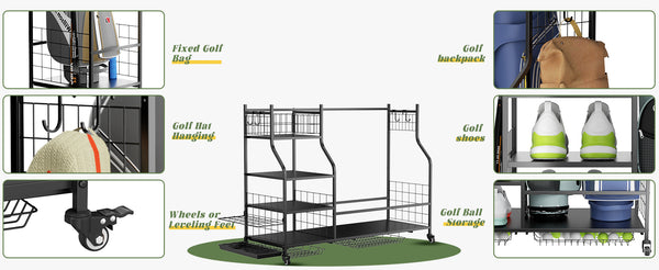 English Elm Golf Bag Storage Rack for Garage Holds 3 Bags with Wheels Hooks and Club Display T3210P392617