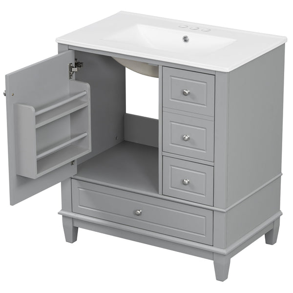 English Elm Christopher Knight Home® - 30" Freestanding Bathroom Vanity with Ceramic Sink, Soft-Close Door, Gold Knobs & 3 Drawers, Durable Painted Finish Grey N759P225994E