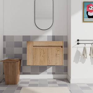 English Elm 30 Inch Wall Mounted Bathroom Vanity with Open Shelf Hardware Free Handle Design W99956039