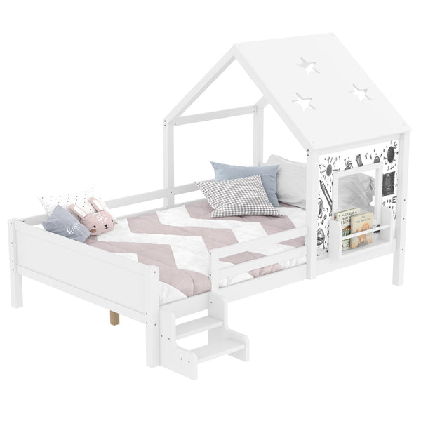 English Elm Full Bunk Bed with Trundle Bookshelf Storage Pine Frame Car Design for Kids Light White W1580S00295