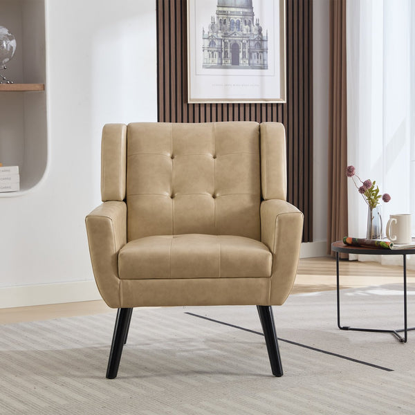 English Elm Modern Pu Leather Ergonomic Accent Chair with Padded Arms and Matte Black Legs Khaki W676P172470