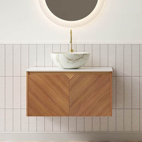 English Elm Muri Floating Bathroom Vanity Plywood Cabinet Sintered Stone Top Oak Drawer W2615S00578