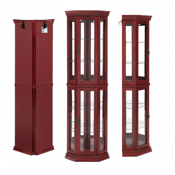 English Elm Lighted Corner Curio Cabinet - Elegant Glass Display With Adjustable Shelves & Ambient Lighting In Cherry W1758P300138