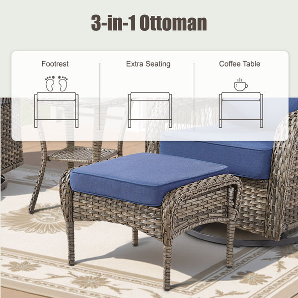English Elm Outdoor Pe Wicker Patio Ottoman Set of 2 with Cushions for Deck or Backyard Blue T3773P418423