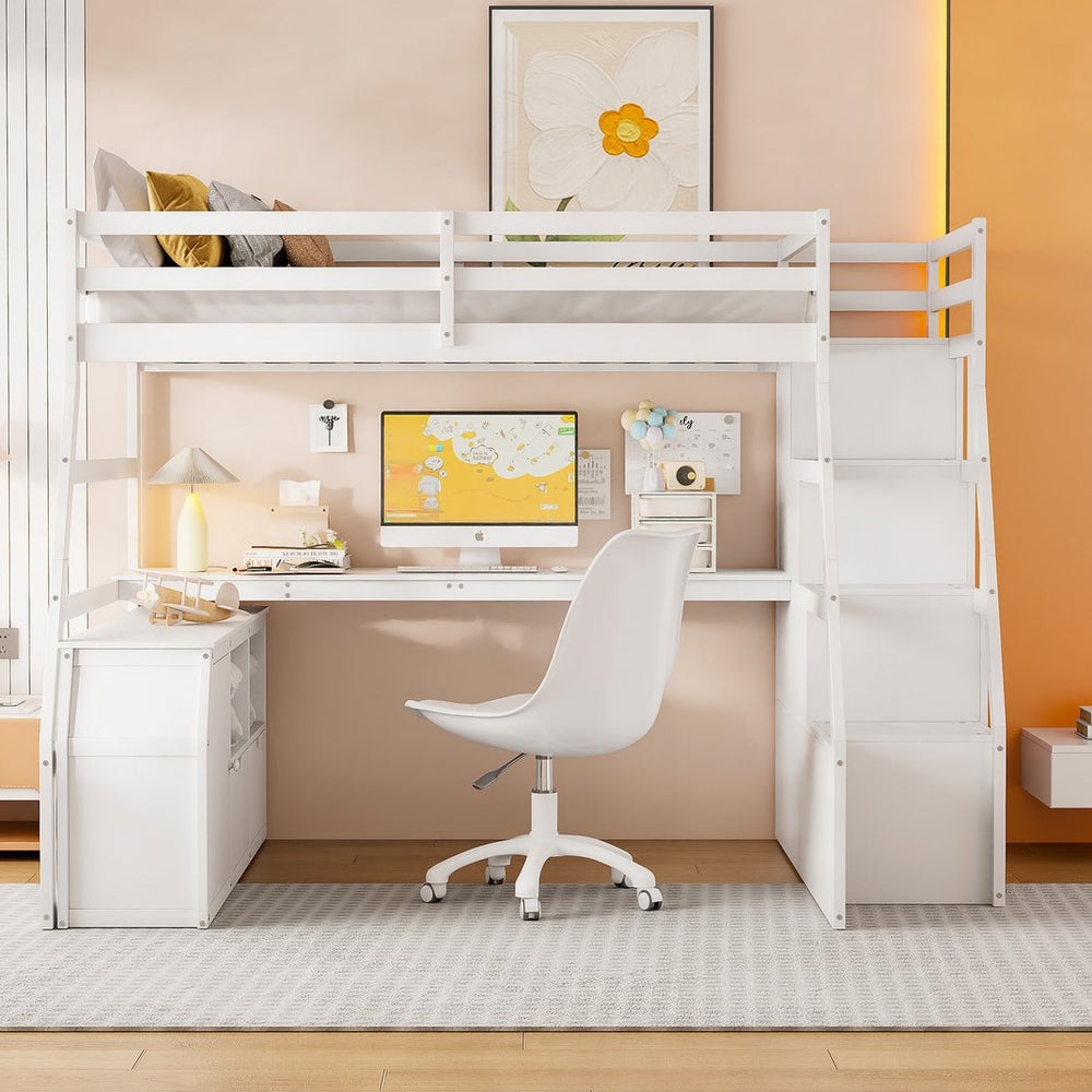 English Elm Full Size Kids Loft Bed with Integrated Desk Seven Drawers and Open Shelving White LT000649AAK-1