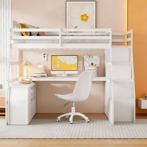 English Elm Full Size Kids Loft Bed with Integrated Desk Seven Drawers and Open Shelving White LT000649AAK-1