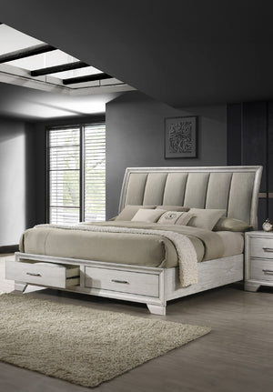 English Elm 1Pc Queen Storage Bed With Plush Headboard & Hidden Footboard Drawers In Elegant White Mist Finish B2741S00193