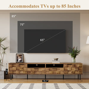 English Elm Mid retro TV Stand for TVs up to 85" — Medieval-inspired media console with 2 drawers, 4 cabinets, cable management Natural N710P193724P