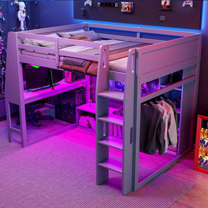 English Elm Wood Full Size Gaming Loft Bed with Integrated Desk, Shelves, LED Lighting & Hanging Clothes Rack Gray N7090001042E