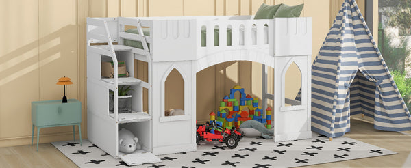 English Elm Twin Loft Bed with Storage Staircase and Window — Pinewood Modern Space-Saving Kids' Play & Sleep Loft White GX000727AAK