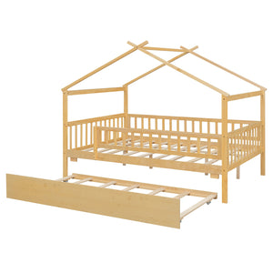 English Elm Full Size Pine House Bed with Roofline Frame and Roll Out Twin Trundle for Kids Natural LP100306AAN