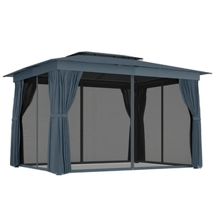 English Elm Double-roof Steel Gazebo with Upf Canopy Curtains and Mesh Panels for Outdoor Privacy Black+Blue,Dark Gray T3971P459088