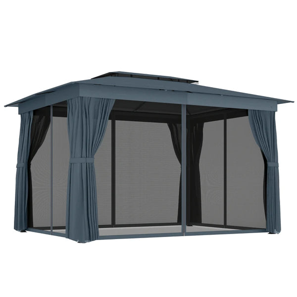 English Elm Double-roof Steel Gazebo with Upf Canopy Curtains and Mesh Panels for Outdoor Privacy Black+Blue,Dark Gray T3971P459088