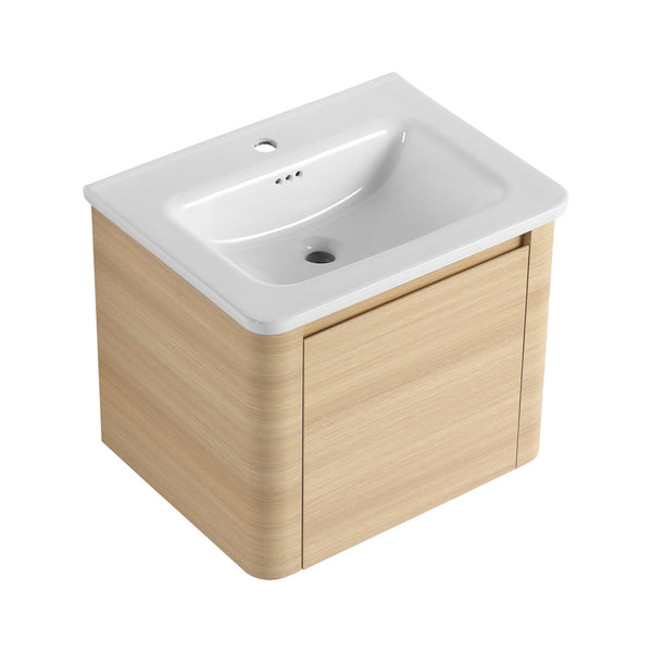 English Elm 24'' 24" Wall-Mounted Bathroom Vanity with Ceramic Sink, Soft-Close Door, Plywood Build, Space-Saving Design Ameican White Oak W999P317925
